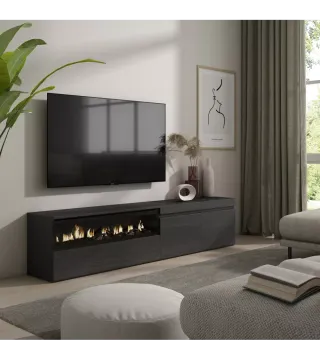 Mueble Tv, 200x35x45cm, Chimenea eléctrica, Negro.