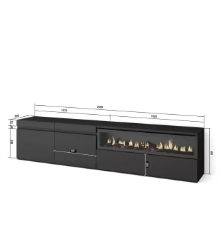 Mueble Tv, 200x35x45cm, Chimenea eléctrica, Negro.