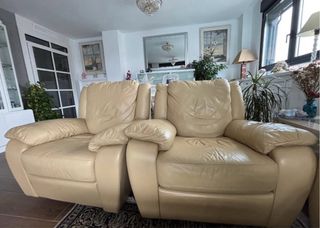 Divano 3 posti + 2 poltrone relax in pelle beige