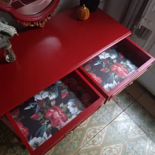 Cómoda Vintage Roja • Mueble Tocador + Espejo