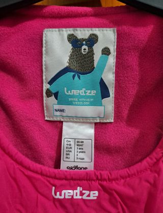 Mono Nieve Niña Rosa Wedze T. 3, manoplas a juego