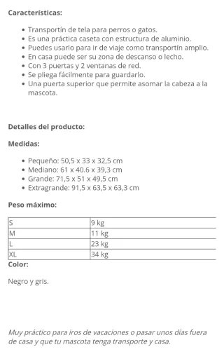 Transportín tela perros/gatos gris y negro