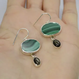 Pendientes de plata, malaquita y obsidiana