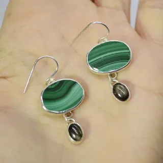 Pendientes de plata, malaquita y obsidiana
