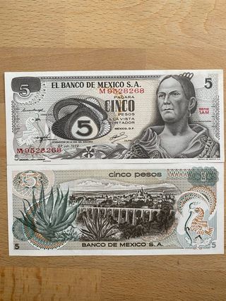 2 Billetes 5 pesos México 1972