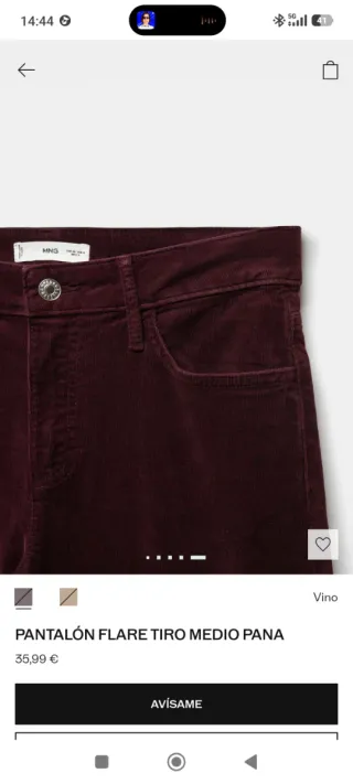 Pantalón Flare Tiro Medio Pana Vino T40