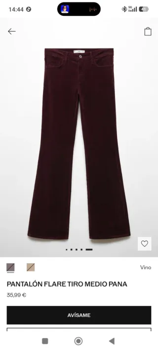 Pantalón Flare Tiro Medio Pana Vino T40