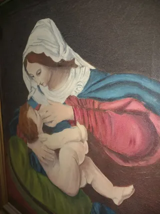 Cuadro Óleo Antiguo Virgen y Niño