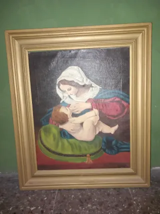 Cuadro Óleo Antiguo Virgen y Niño