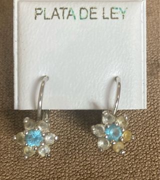 Pendientes Plata Flor Azul y Piedras