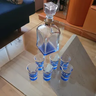 Juego Botella Licor y 6 Vasos Azul Dorado