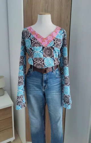 Blusa Algodón Estampada Escote Pico Talla L
