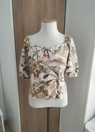 Blusa Estampada Tropical Lino Manga Abullonada M