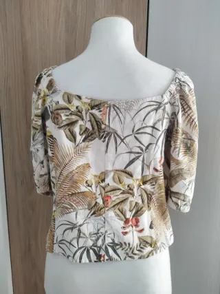 Blusa Estampada Tropical Lino Manga Abullonada M