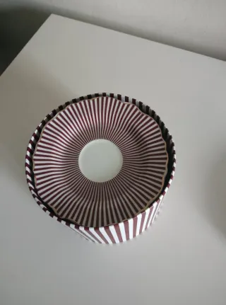 Taza y platillo de porcelana a rayas