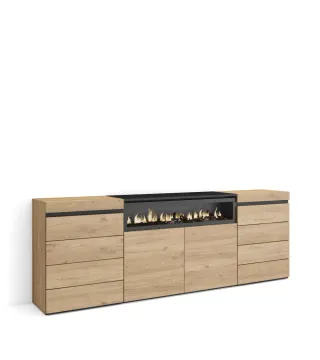 Cómoda, Cajonera, 214x35x75cm, Chimenea eléctrica