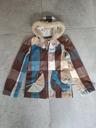 Anorak Roxy Cuadros Marrón Turquesa Capucha Pelo