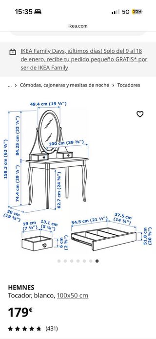 Tocador IKEA HEMNES Blanco 100x50 cm