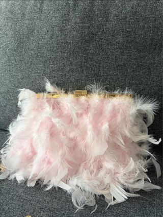 Bolso Clutch Fiesta Plumas Rosa y Cadena Dorada