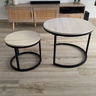 Conjunto 2 mesas centro redondas madera y metal