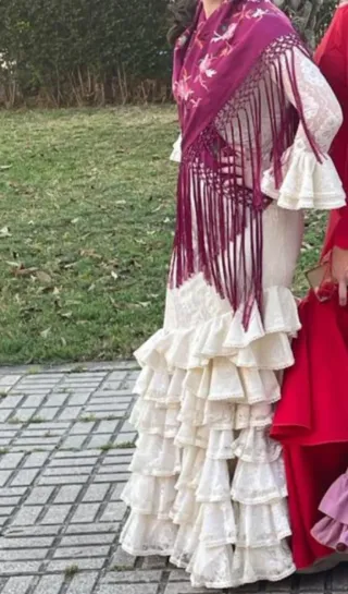 Vestido Flamenca Beige Encaje Talla M