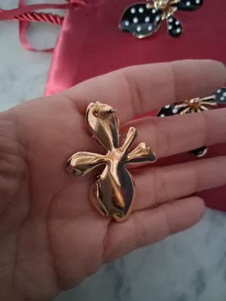 Juego Pendientes y Anillo Flor Negro Lunares Dorad