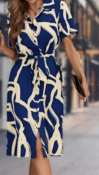 Vestido estampado azul y beige