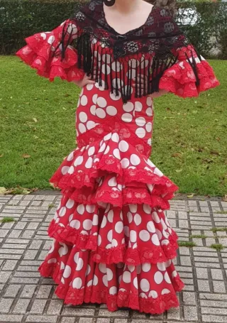 Vestido Flamenca Rojo Lunares Blanco Talla 38-40