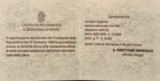 500 Lire Argento 1986 Anno della Pace
