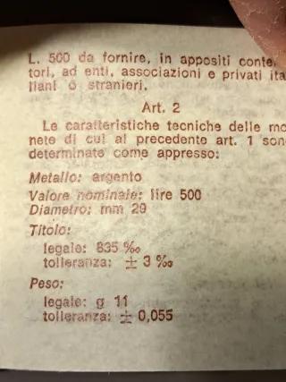 500 Lire argento Italia 1985 Adriatico