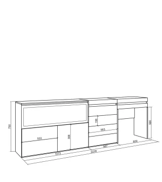Tocador, 234x35x75cm, Chimenea eléctrica, Cajonera