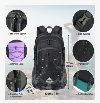 Mochila senderismo 40L negra y gris plegable