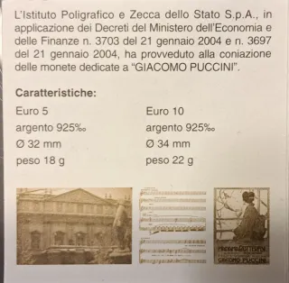 Dittico Argento Italia 2004 5 e 10 Euro Puccini