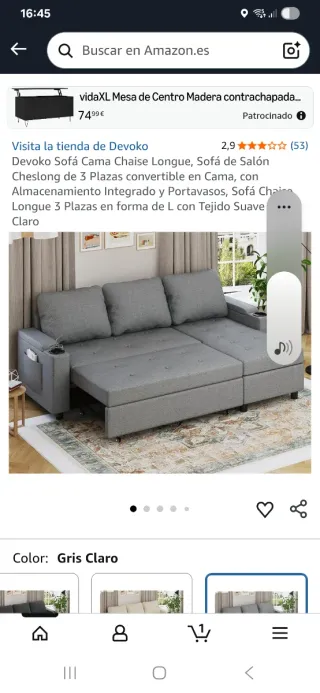 Sofá Cama Gris Tela 350€