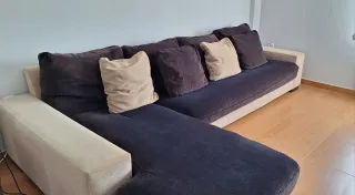 Sofá Chaiselongue tela beige y marrón