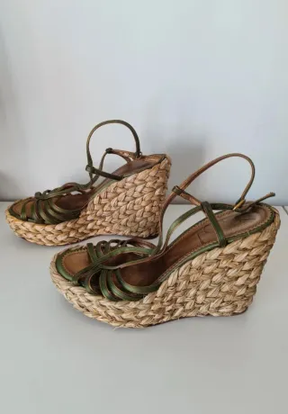 Sandalias Saint Laurent Cuña Paja Verde