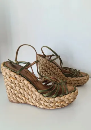 Sandalias Saint Laurent Cuña Paja Verde