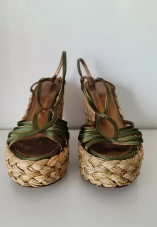 Sandalias Saint Laurent Cuña Paja Verde