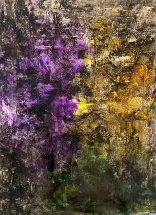 Cuadro abstracto acrílico dorado y morado.