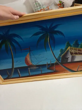 Cuadro paisaje marino con marco dor