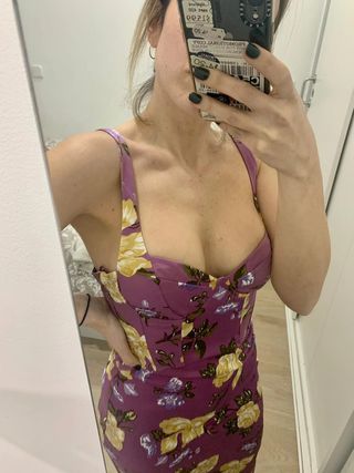 Vestido midi tubo flores raso corsetero rosa Zara
