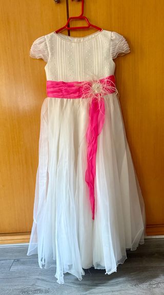 Vestido de comunión blanco con fajín rosa