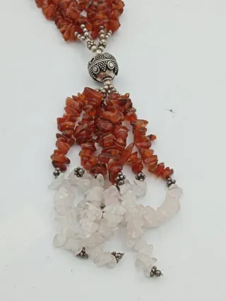 Lunga collana argento, ambra e quarzo bianco
