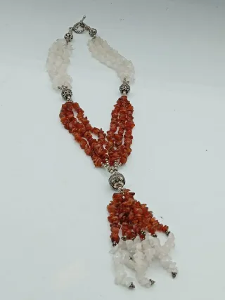 Lunga collana argento, ambra e quarzo bianco
