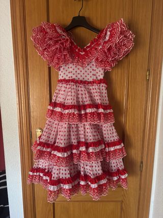 Traje de flamenca rojo y blanco. Talla 6