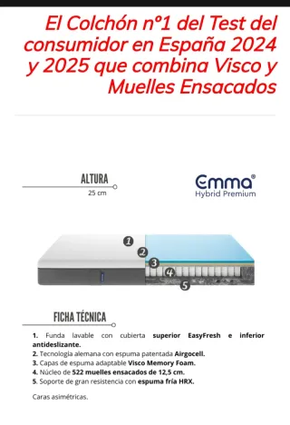 Colchón Emma Hybrid Premium y base tapizada enma