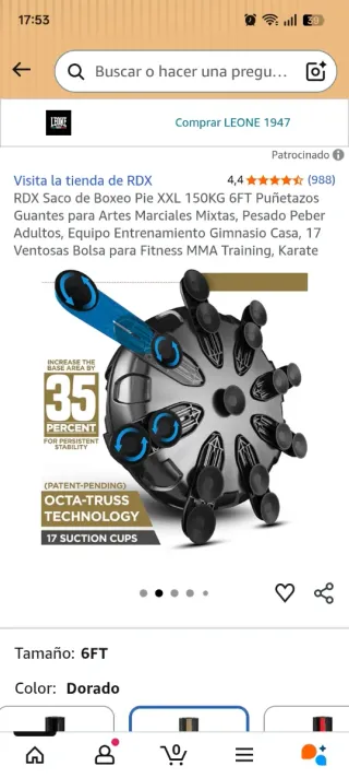 Kit Saco Boxeo RDX y Guantes Dorado 6FT