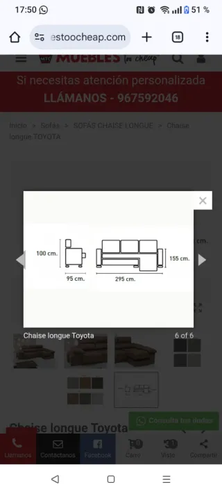 Sofá Chaise Longue izquierda TOYOTA gris. SIN USO