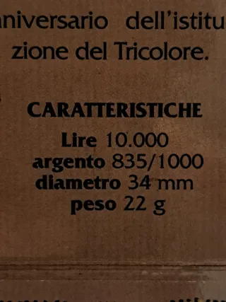 10000 Lire Argento Italia Anniversario Tricolore