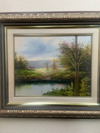 Cuadro paisaje río y casas